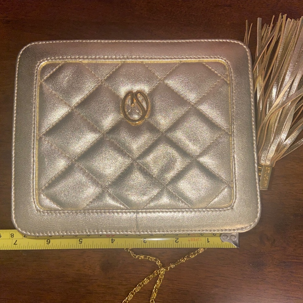 Lovely Gold Metallic St. John  Crossbody Evening Bag Chain Strap Italy Leather